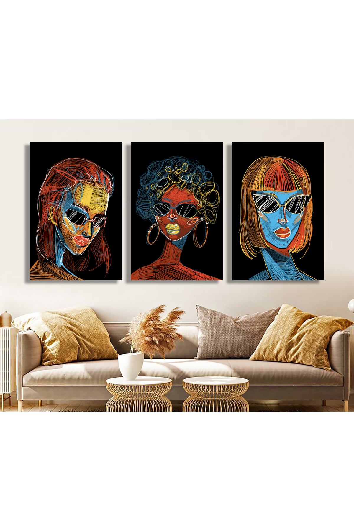 Korkmazkanvas Portre Kadın Ezoterik Hayal Gücü Duvar Sanatı. 3'Lü Kanvas Tablo
