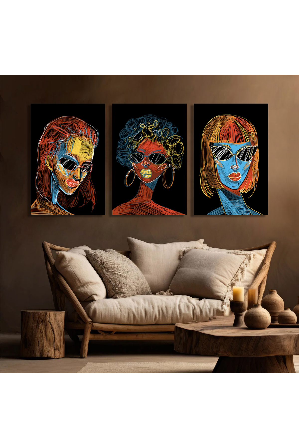 Korkmazkanvas Portre Kadın Ezoterik Hayal Gücü Duvar Sanatı. 3'Lü Kanvas Tablo