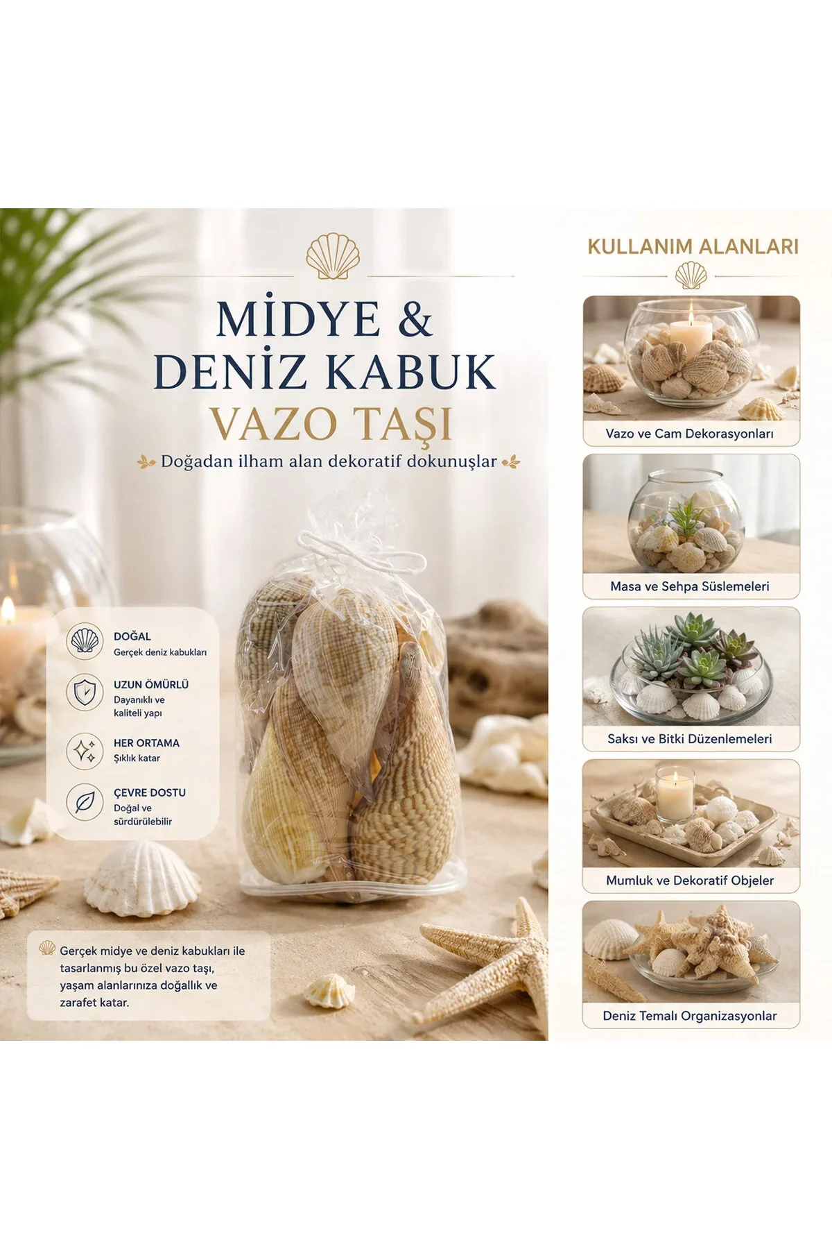 Poşetli Renkli Mix Midye - Deniz Kabuk Vazo Taşı