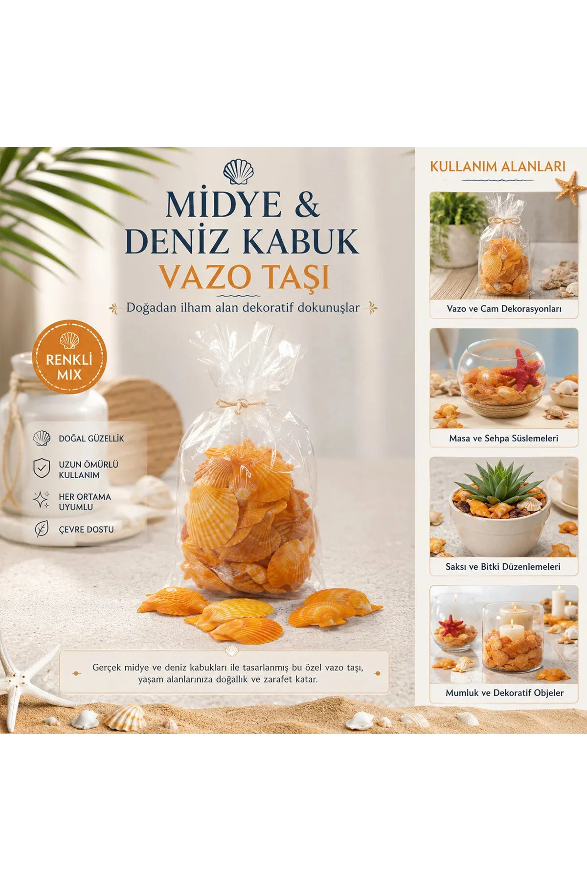 Poşetli Renkli Mix Midye - Deniz Kabuk Vazo Taşı