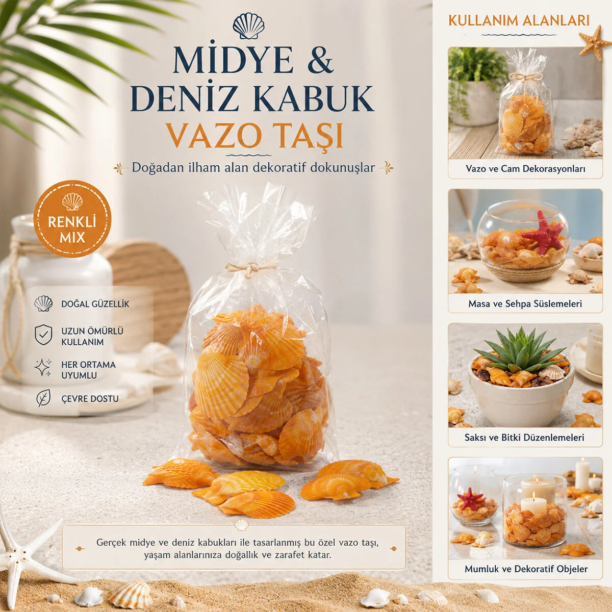 Poşetli Renkli Mix Midye - Deniz Kabuk Vazo Taşı Fiyatı, Yorumları ve Özellikleri