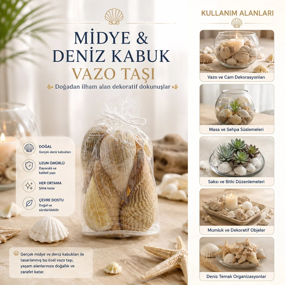 Poşetli Renkli Mix Midye - Deniz Kabuk Vazo Taşı Fiyatı, Yorumları ve Özellikleri