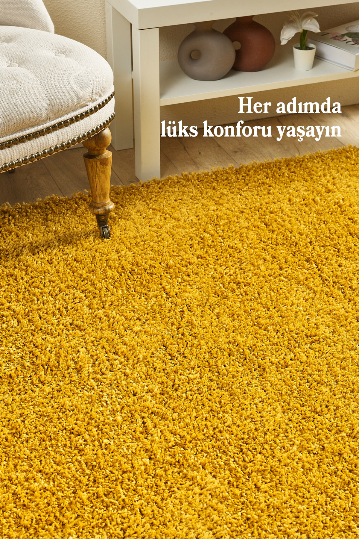 Anaska Home Post Peluş Uzun Tüylü Gold Shaggy Oturma Odası Salon Çocuk Odası 