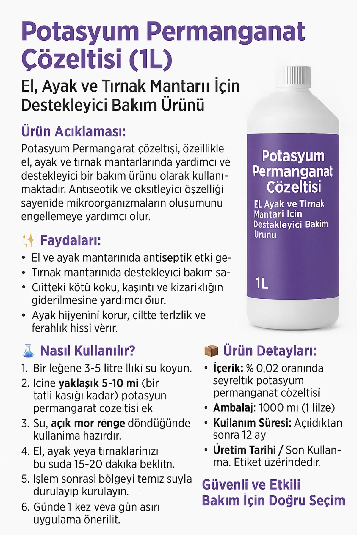 POTASYUM PERMANGANAT ÇÖZELTİSİ EL AYAK İÇİN 1000mL