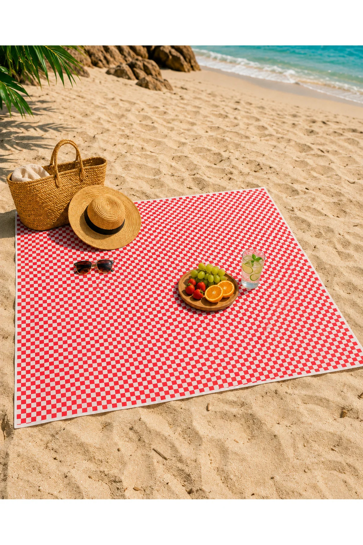 Pötikare Su İtici Çok Amaçlı Masa, Piknik ve Plaj Örtüsü 160 x 160 cm Kırmızı Beyaz