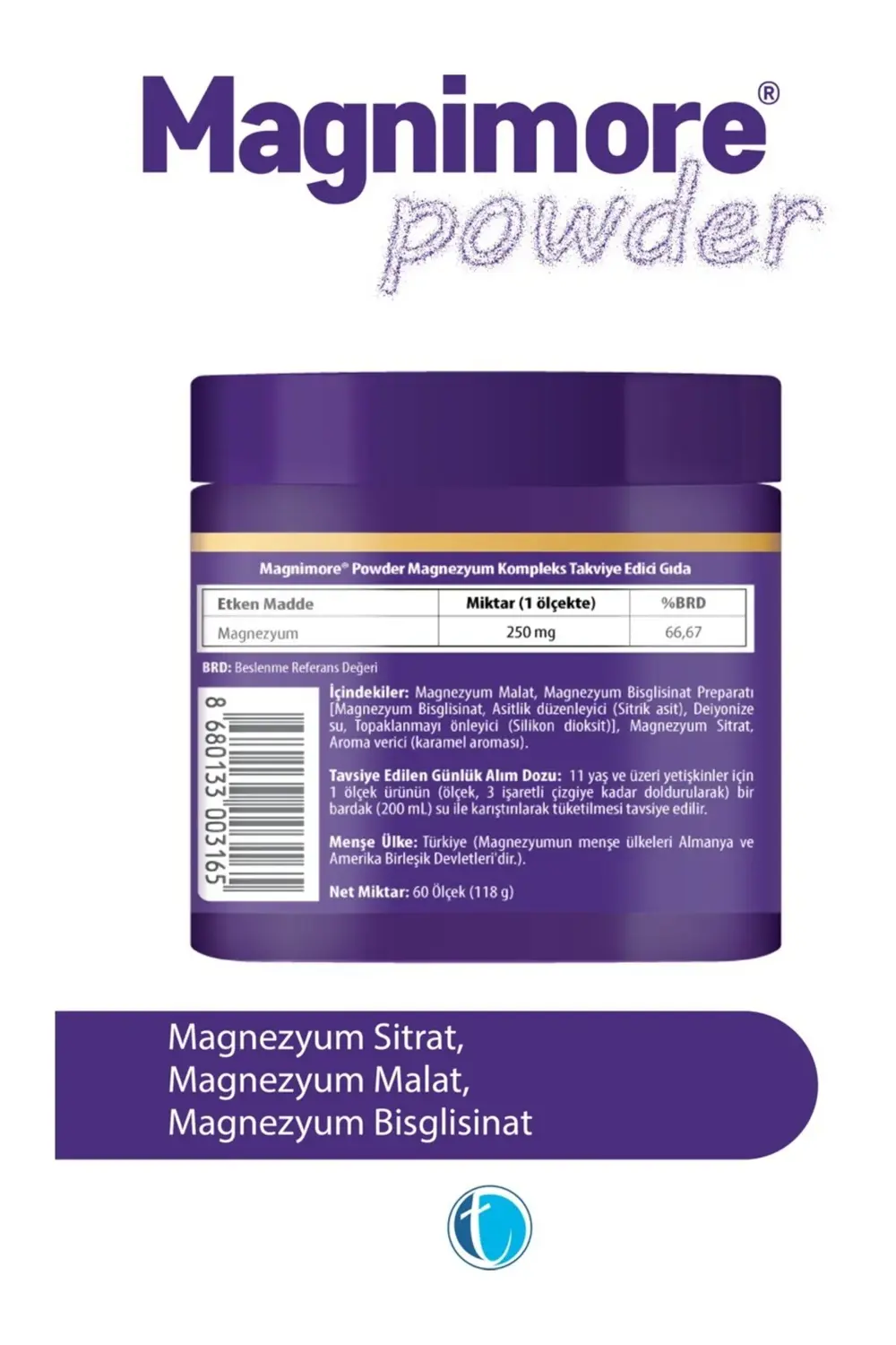 Powder Magnezyum Karamel Aromalı 60 Servis Sitrat Malat Bisglisin