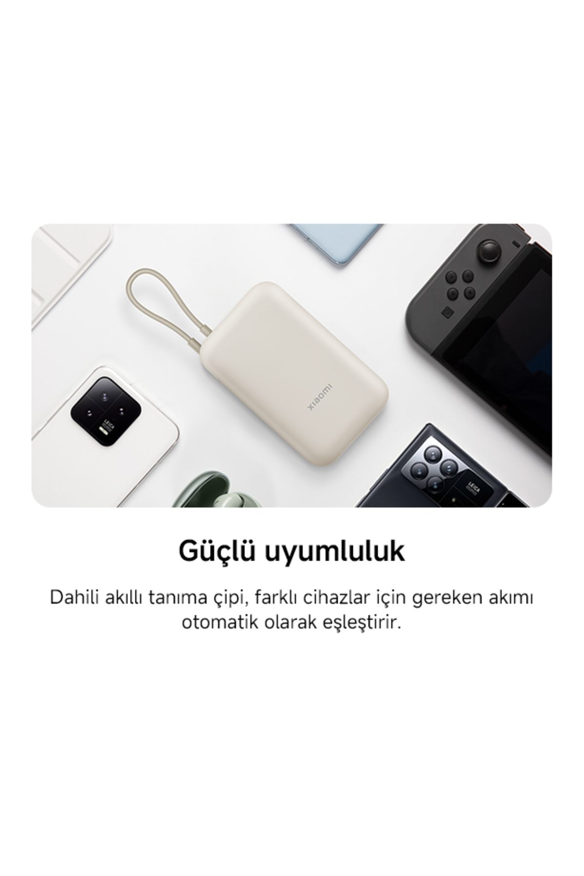 Power Bank 10000mAh Krem Entegre Kablo USB ve USB-C Portu 22.5W B