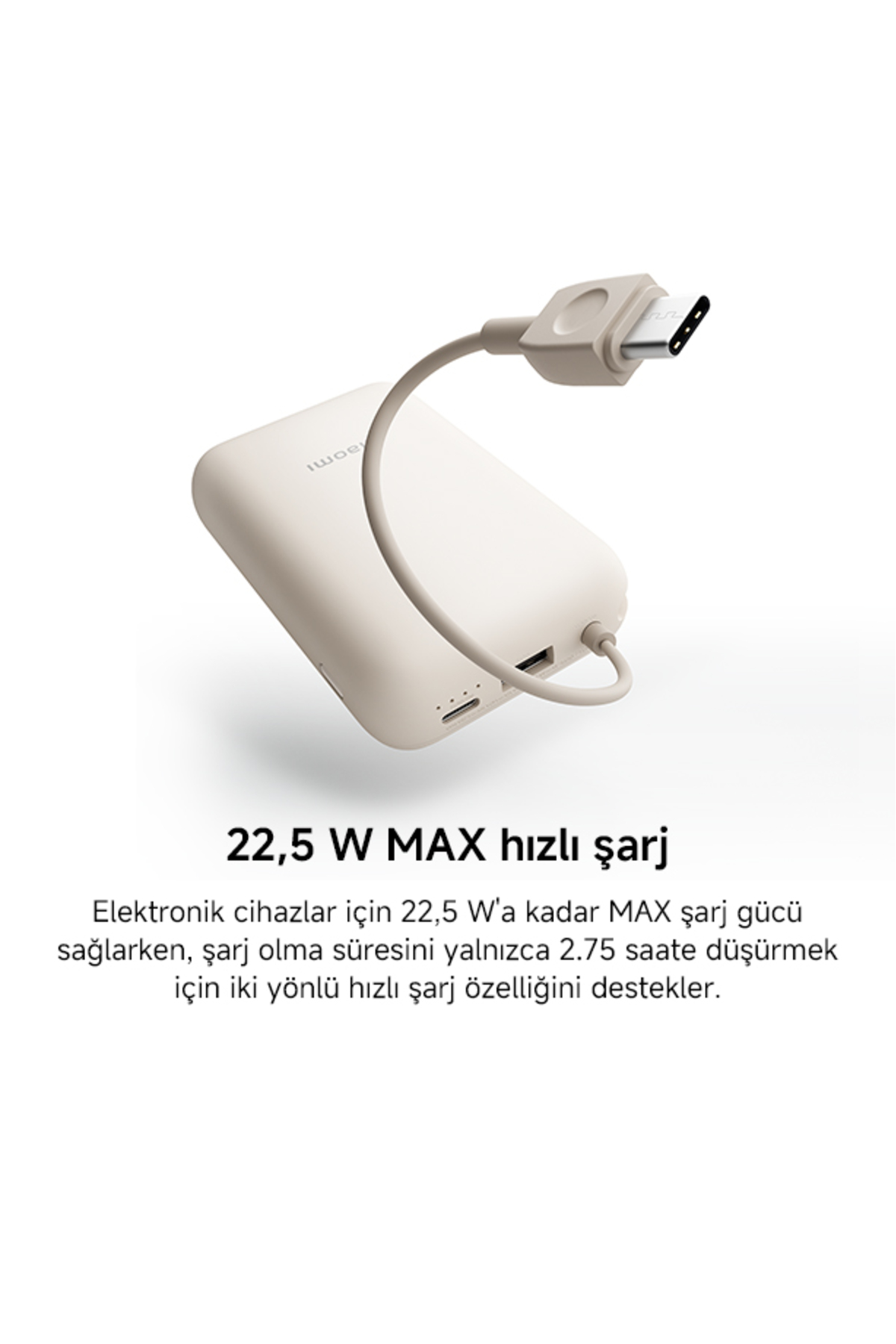 Power Bank 10000mAh Krem Entegre Kablo USB ve USB-C Portu 22.5W B