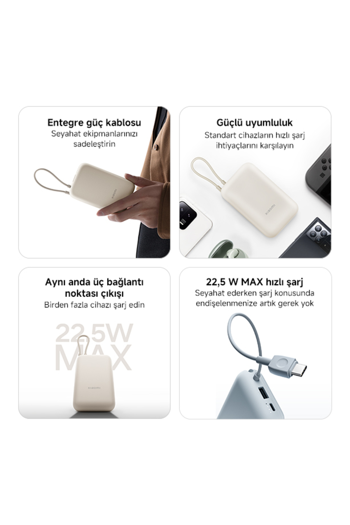 Power Bank 10000mAh Krem Entegre Kablo USB ve USB-C Portu 22.5W B