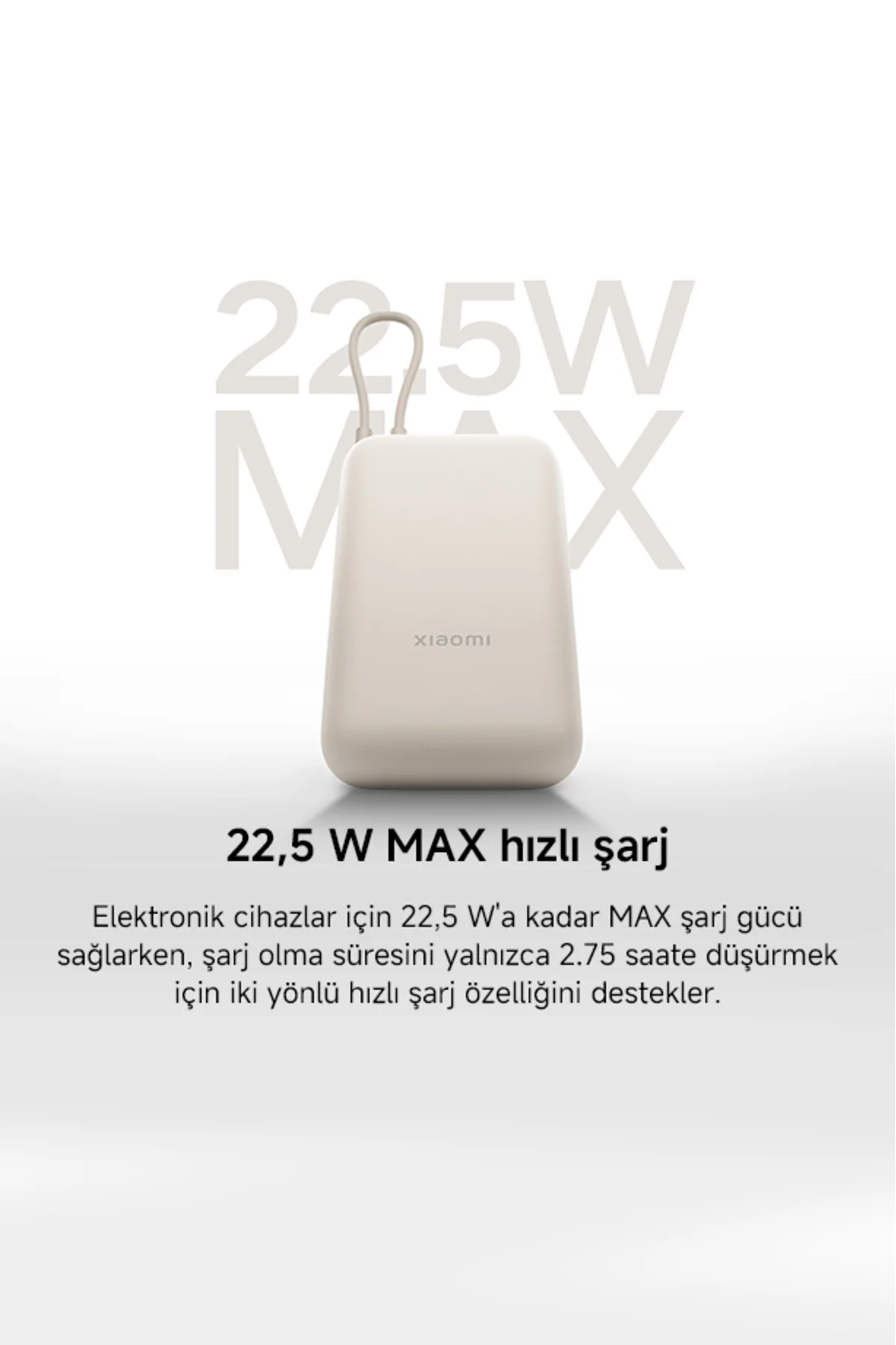 Power Bank 10000mAh Krem Entegre Kablo USB ve USB-C Portu 22.5W B