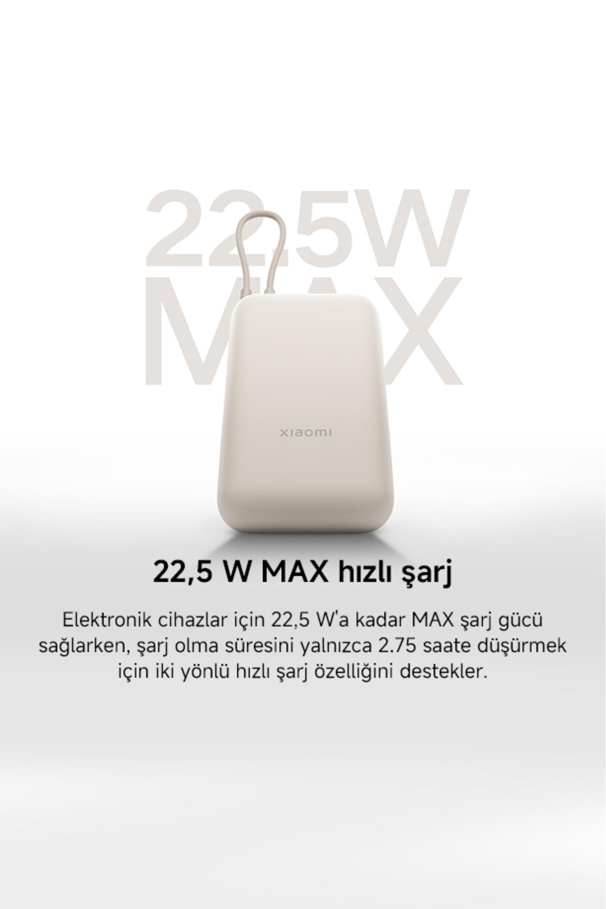 Power Bank 10000mAh Krem Entegre Kablo USB ve USB-C Portu 22.5W B