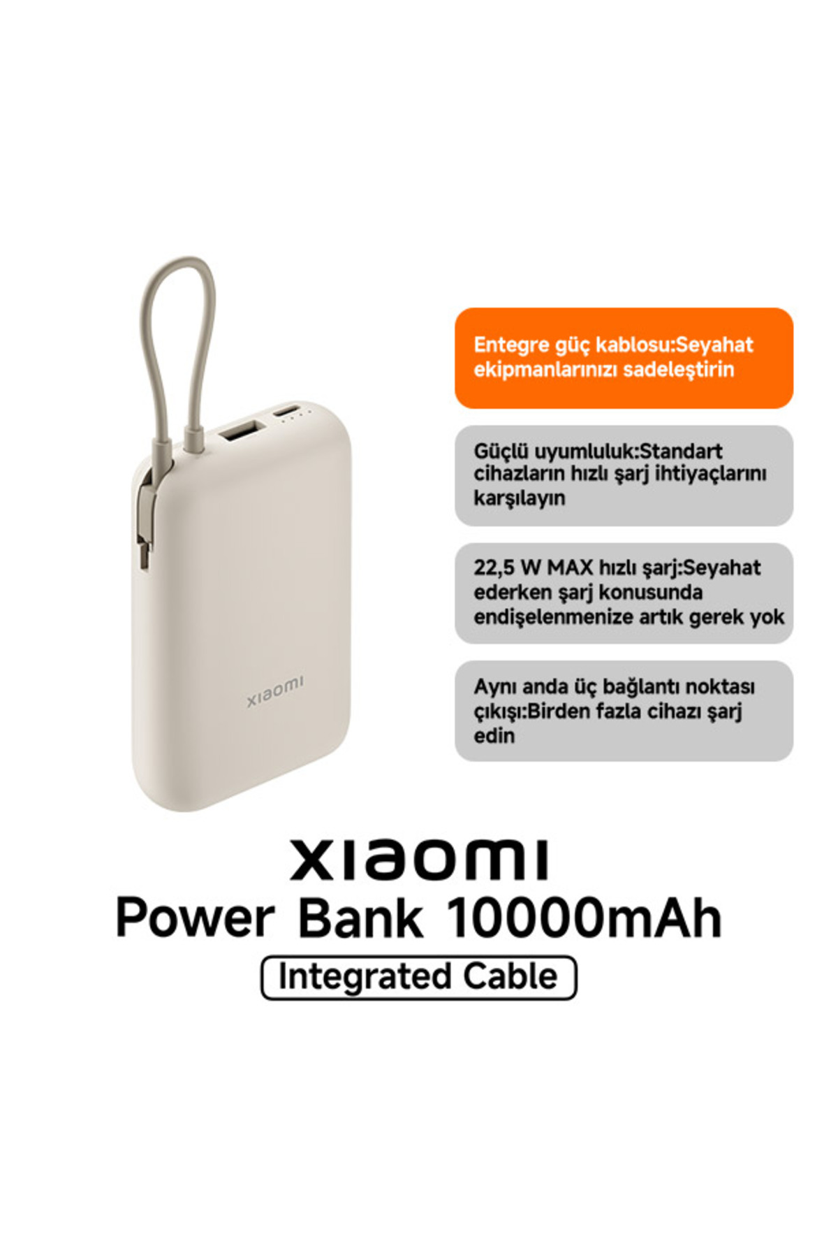 Power Bank 10000mAh Krem Entegre Kablo USB ve USB-C Portu 22.5W B