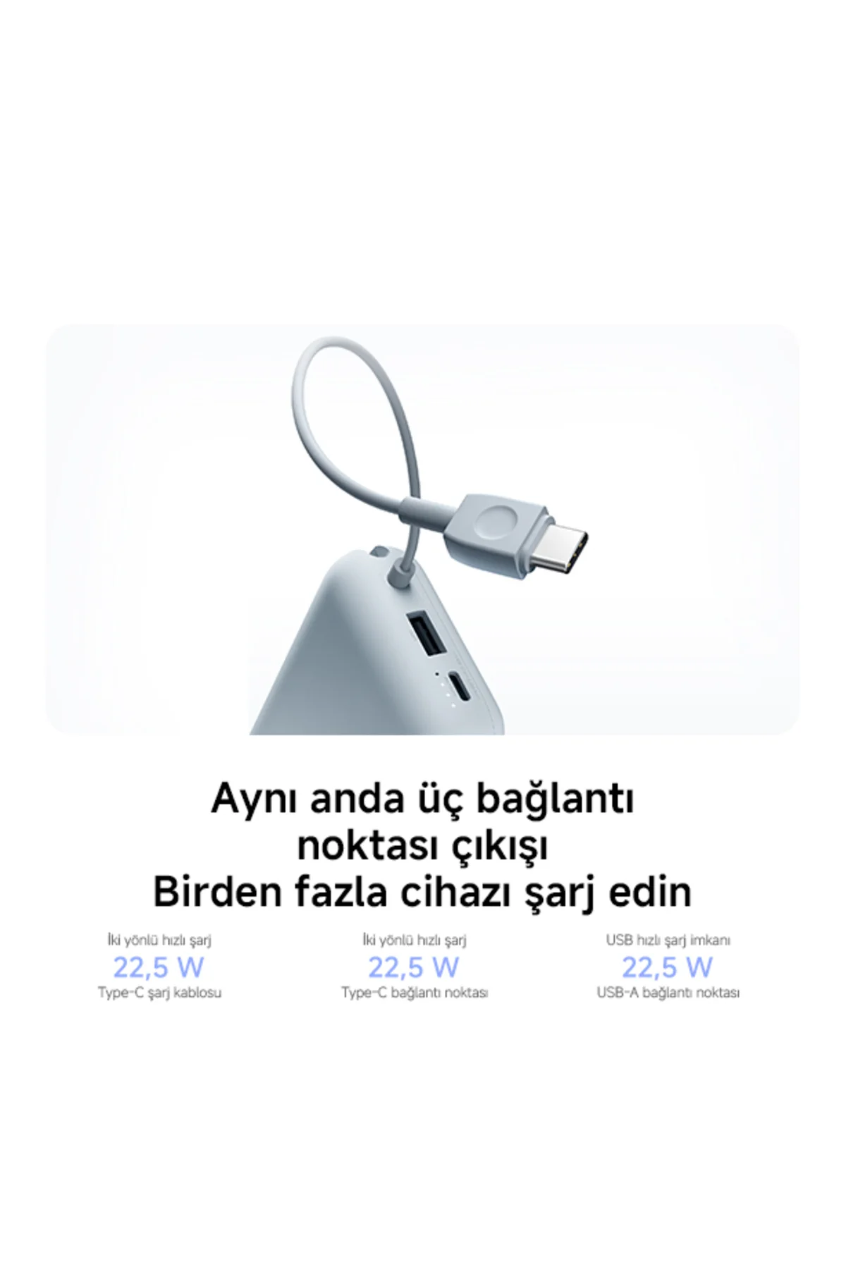 Power Bank 10000mAh Krem Entegre Kablo USB ve USB-C Portu 22.5W B
