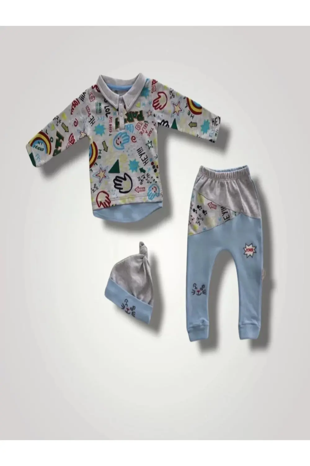 Power Kedi Nakışlı Uzun Kollu Sweat Şapkalı3lü Kız Erkek Bebek Ta