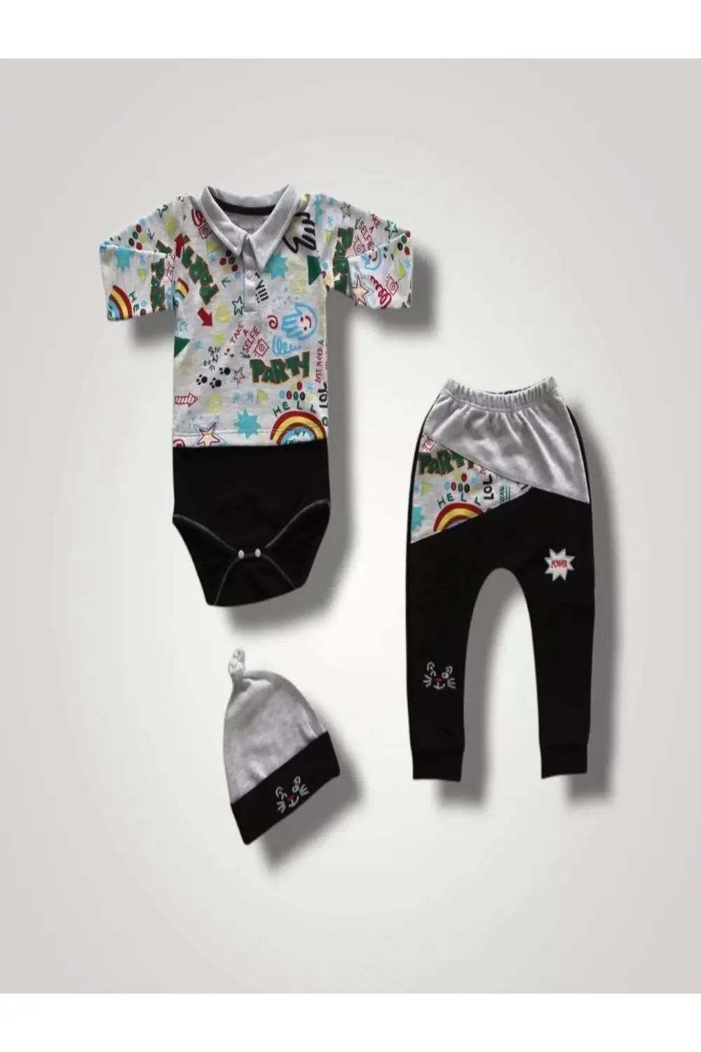Power Kedi Nakışlı Uzun Kollu Zıbınlı Şapkalı3lü Kız Erkek Bebek