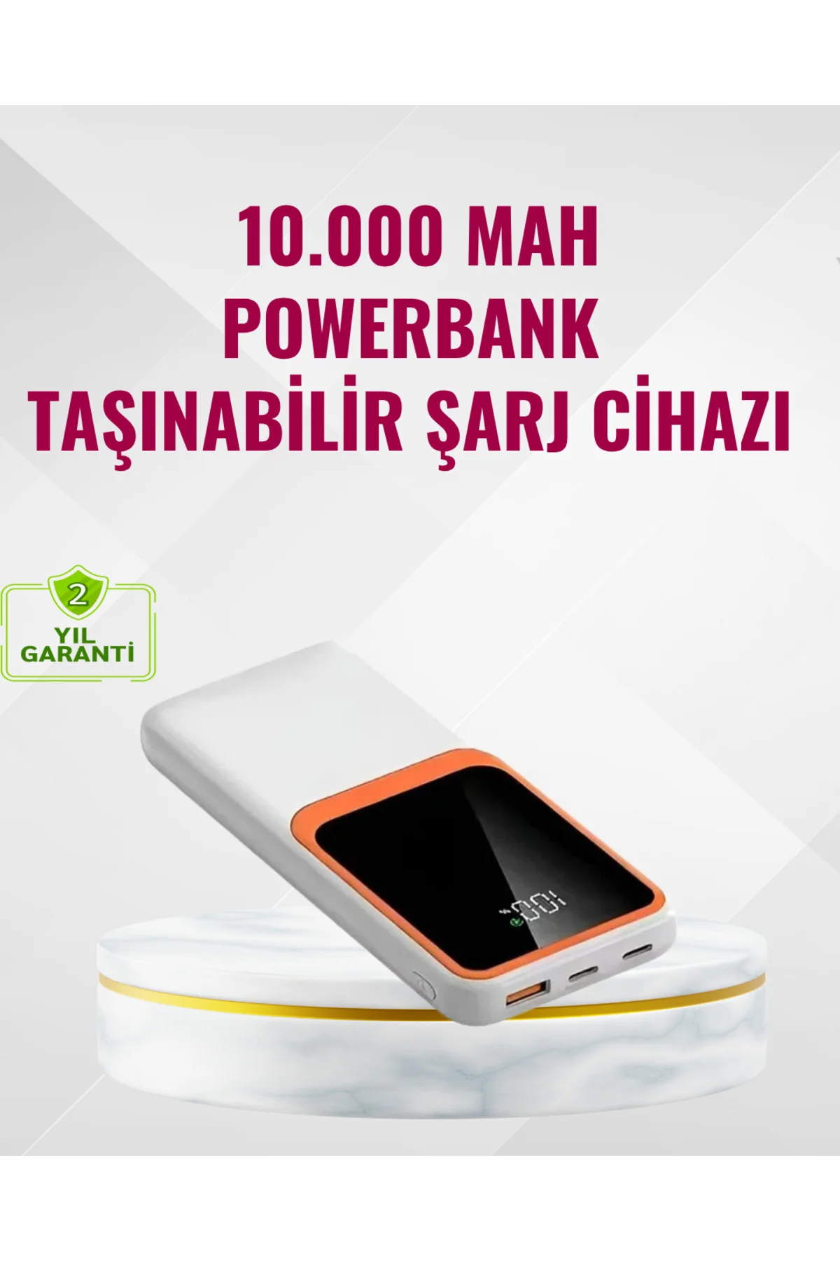 Powerbank 10000 mAh – Çift USB Çıkışlı, Type-C Girişli, Şık Beyaz