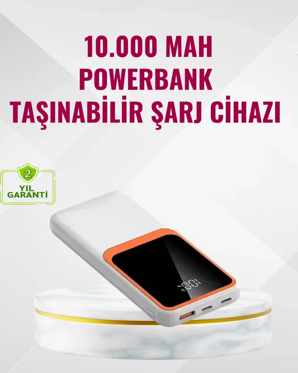 Powerbank 10000 mAh – Çift USB Çıkışlı, Type-C Girişli, Şık Beyaz Tasarım - Lisinya