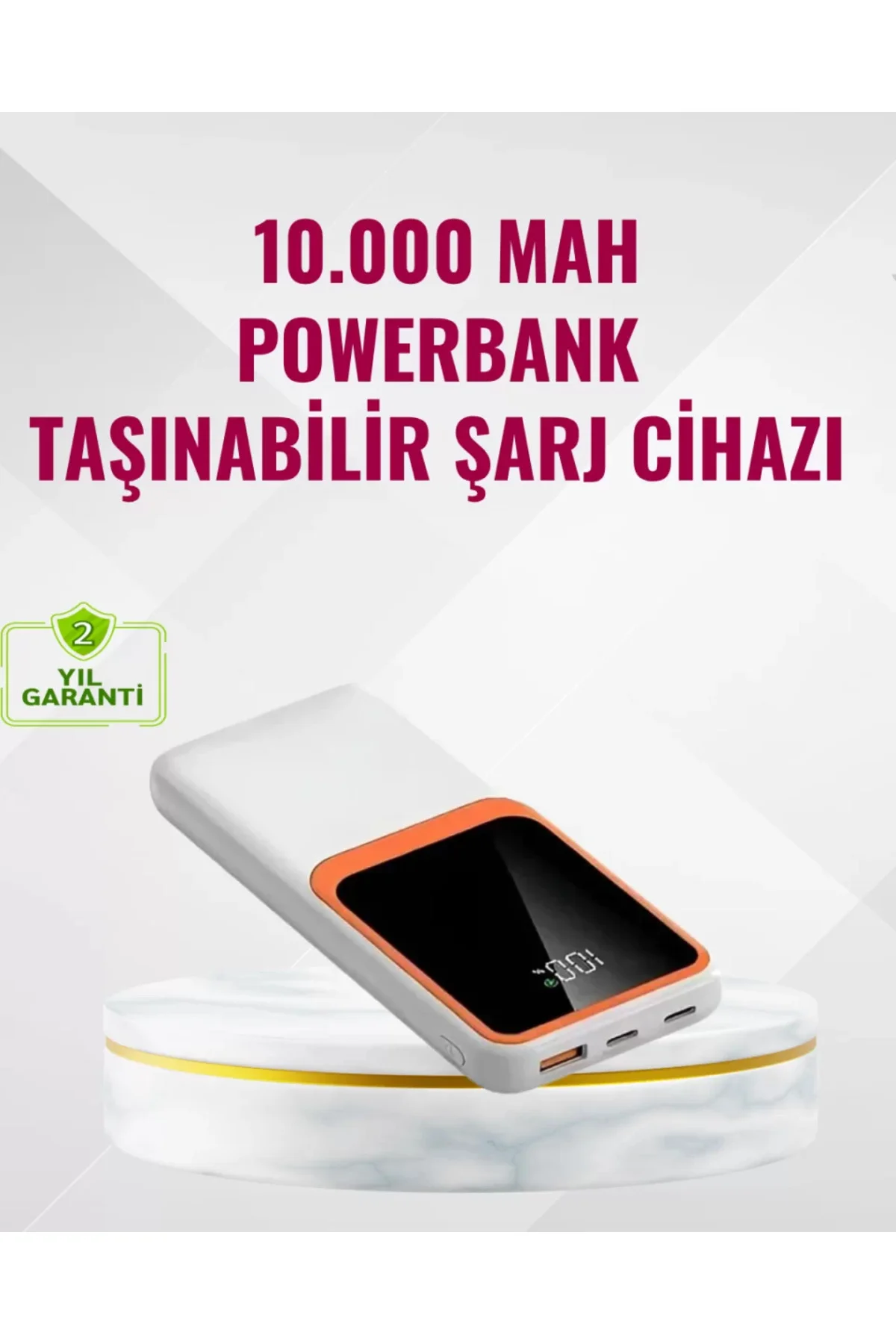Powerbank 10000 mAh – Çift USB Çıkışlı, Type-C Girişli, Şık Beyaz