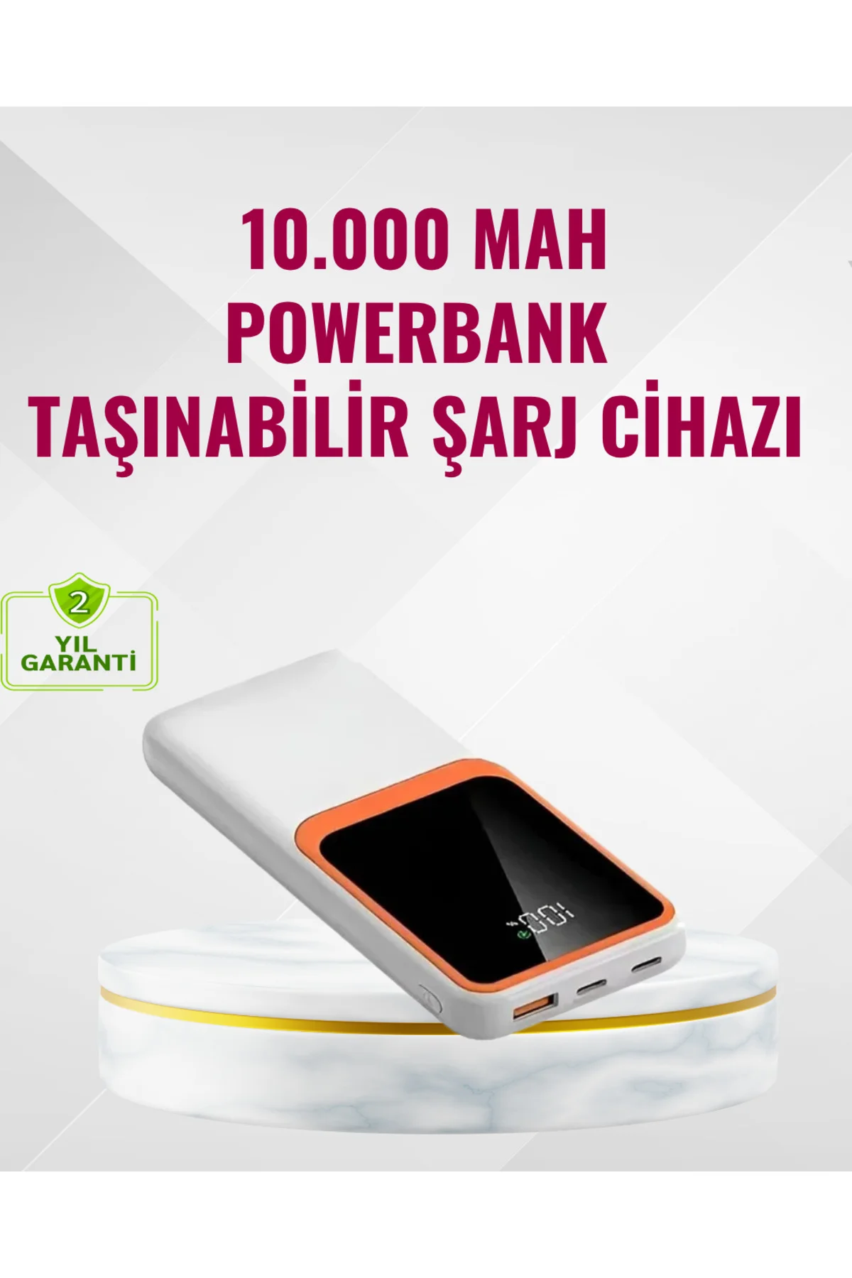 Powerbank 10000 mAh – Çift USB Çıkışlı Type-C Girişli Şık Beyaz T