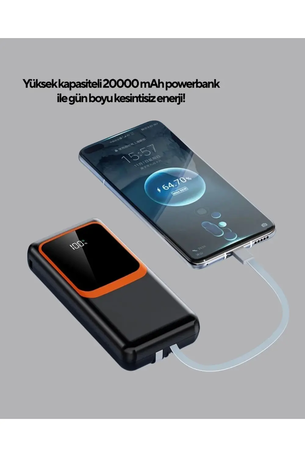 Powerbank 20000 mAh 22.5W Hızlı Şarjlı ve Kompakt Çoklu Kablo Çık
