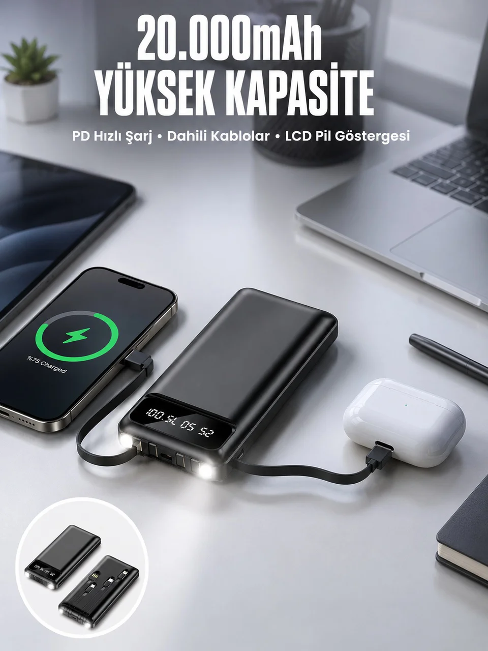 Powerbank 20.000 Mah Dijital Göstergeli Lcd Ekran Uzun Pil Ömrü Yeni Nesil - Lisinya Diğer