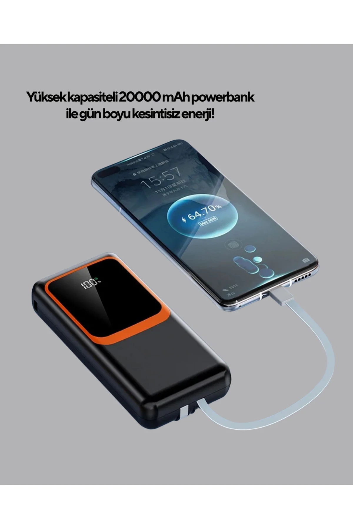 Powerbank 20000 mAh Dijital Ekranlı ve Çok Kablolu Hızlı Şarj Cih