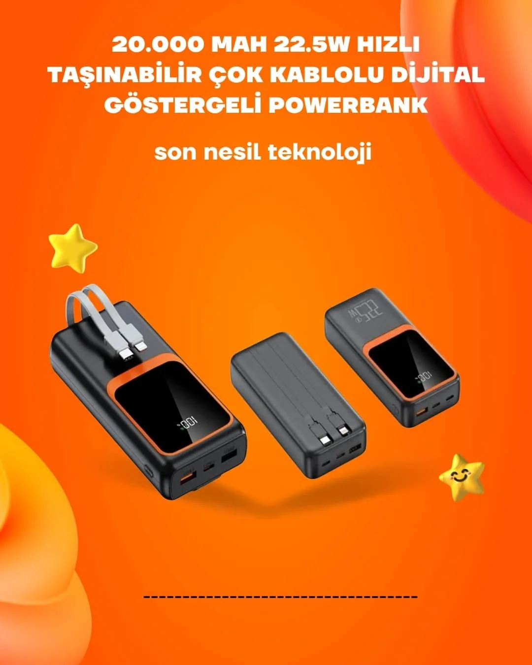 Powerbank 20000 mAh | 22.5W Hızlı Şarj, Dahili Kablolu, LCD Ekranlı Şarj Cihazı Fiyatı, Yorumları ve Özellikleri