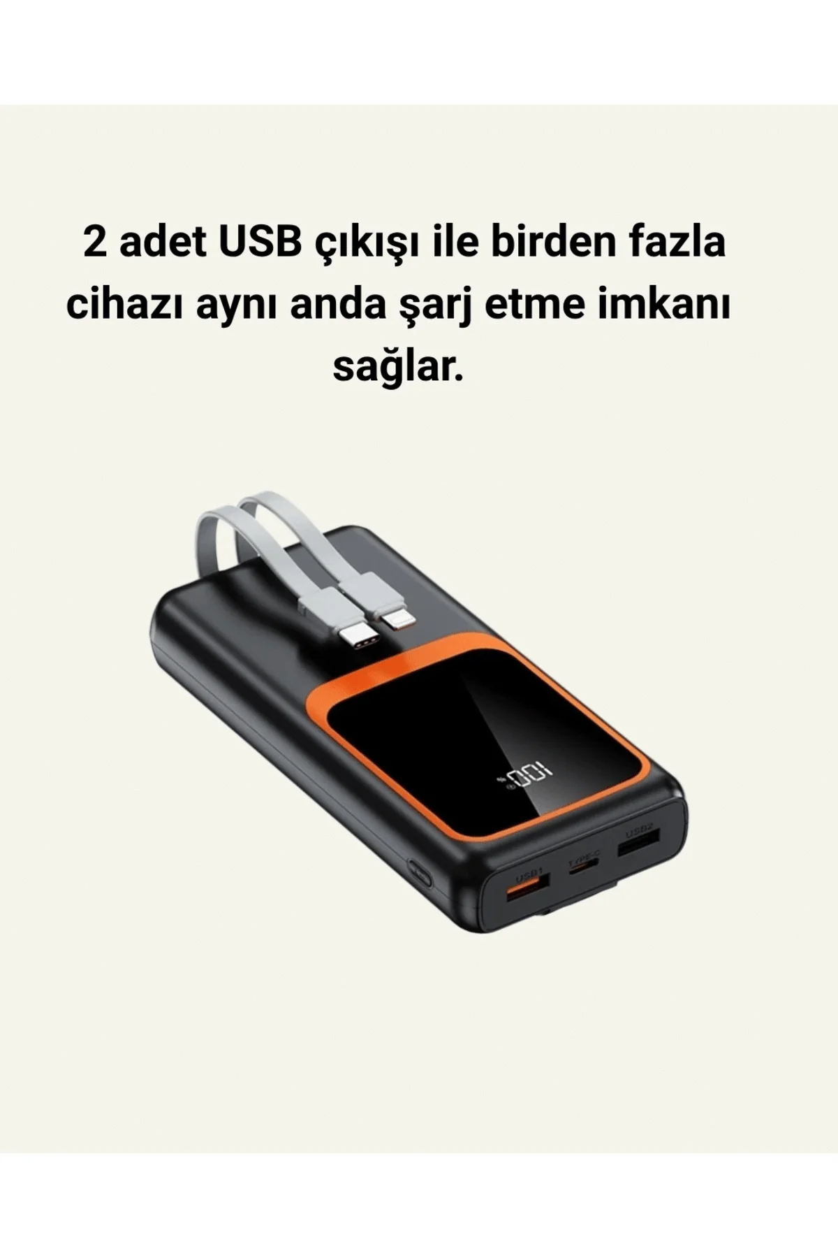 Powerbank 20000 mAh | 22.5W Hızlı Şarj, Dahili Kablolu, LCD Ekran