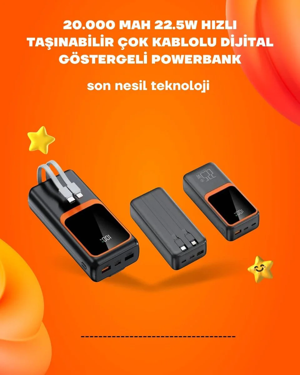 Powerbank 20000 mAh 22.5W Hızlı Şarj - LCD Ekranlı Çoklu Şarj Cihazı