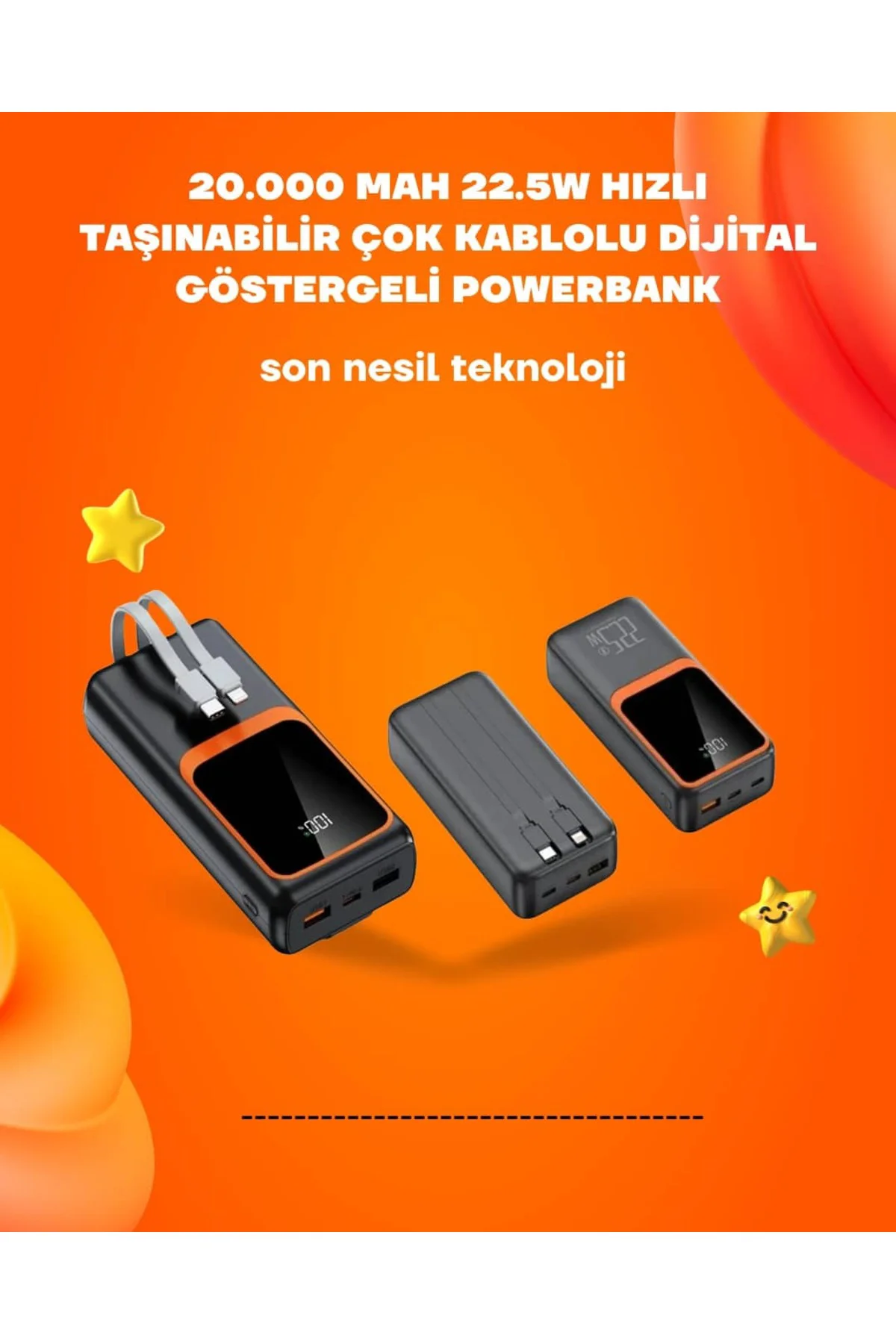 Powerbank 20000 mAh | 22.5W Hızlı Şarj, Dahili Kablolu, LCD Ekran