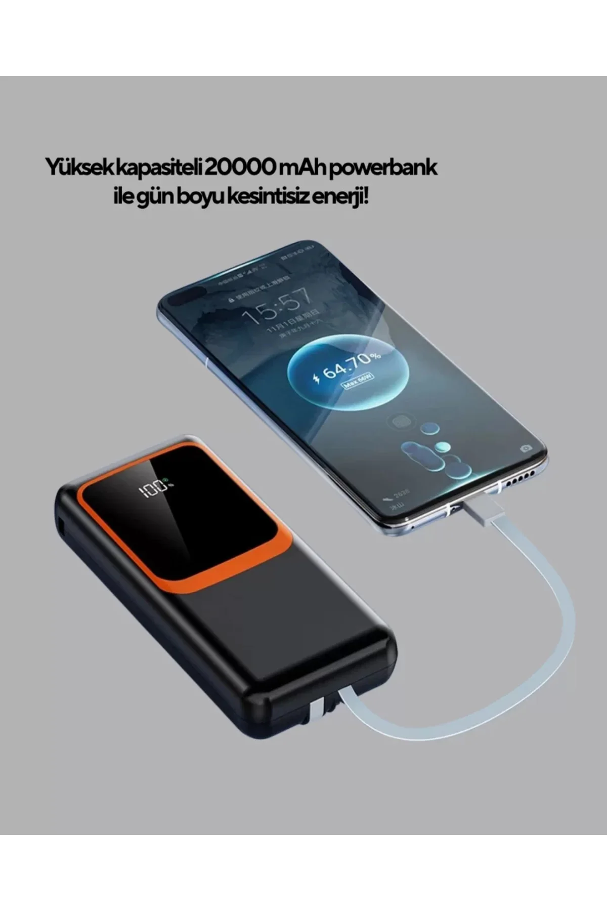 Powerbank 20000 mAh Dijital Ekranlı ve Çok Kablolu Hızlı Şarj Cih