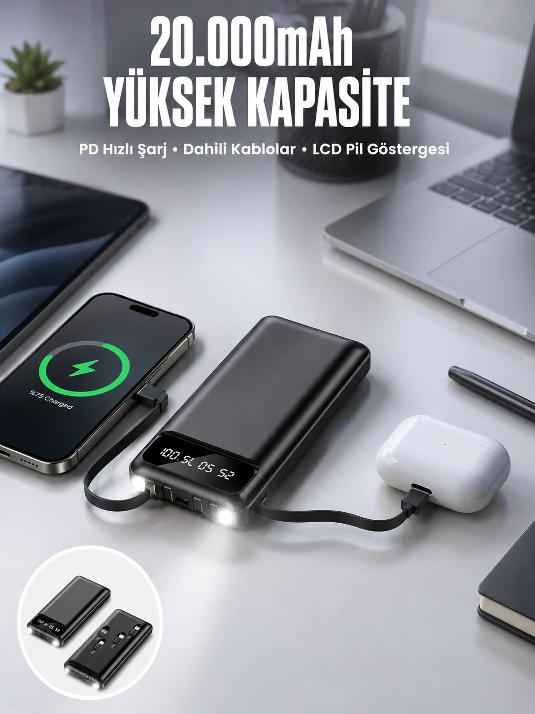 Powerbank 20.000 Mah Dijital Göstergeli LCD Ekran Uzun Pil Ömrü Yeni Nesil
