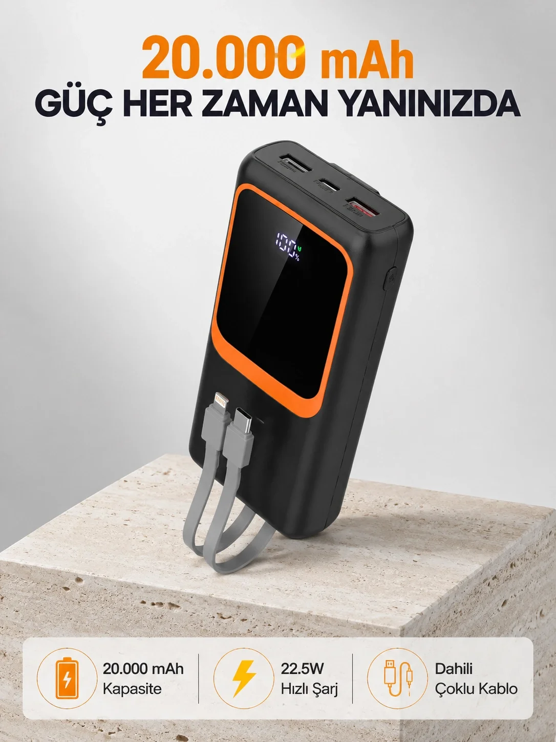 Powerbank 20000 mAh 22.5W Hızlı Şarjlı ve Kompakt Çoklu Kablo Çıkışlı