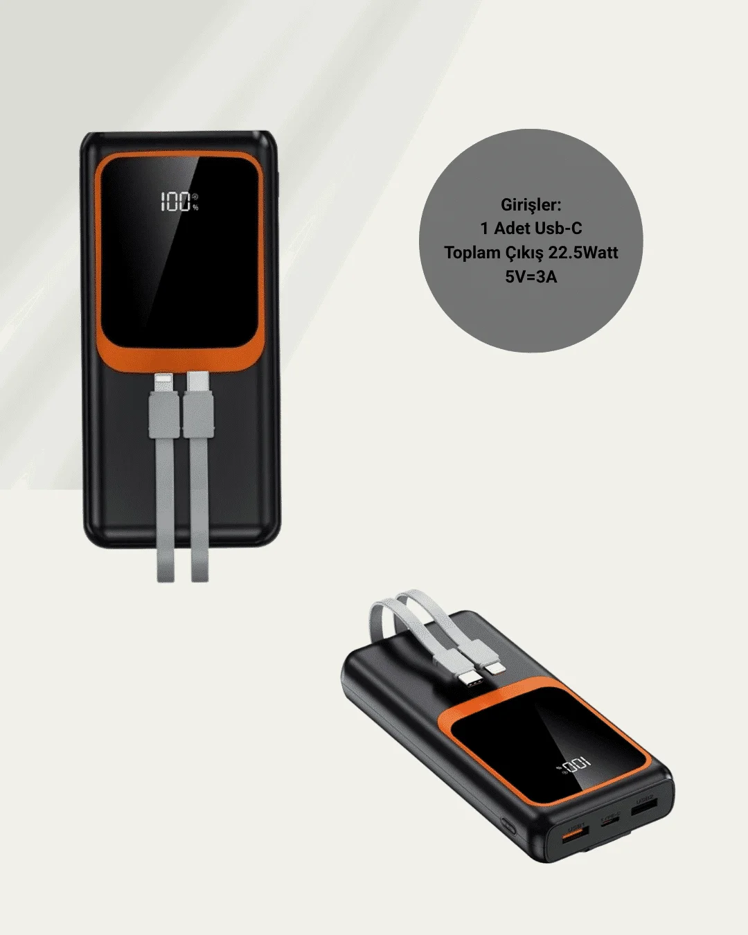 Powerbank 20000 mAh | 22.5W Hızlı Şarj, Dahili Kablolu, LCD Ekranlı Şarj Cihazı