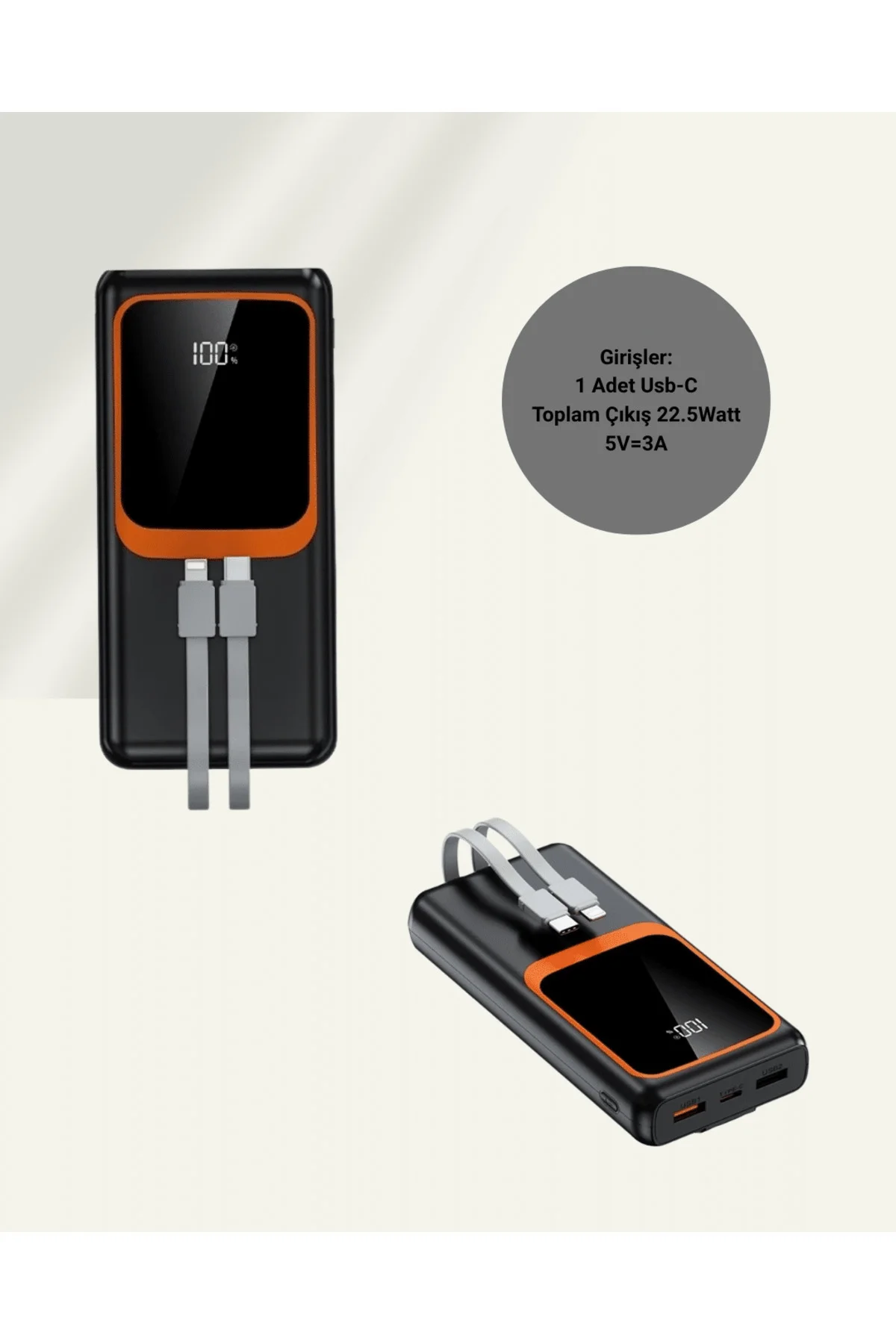 Powerbank 20000 mAh | 22.5W Hızlı Şarj, Dahili Kablolu, LCD Ekran
