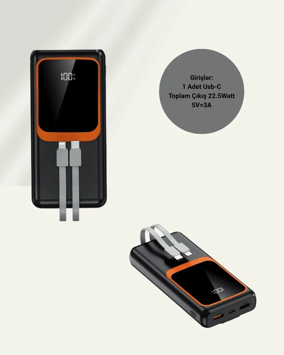 Powerbank 20000 mAh 22.5W Hızlı Şarj - LCD Ekranlı Çoklu Şarj Cihazı