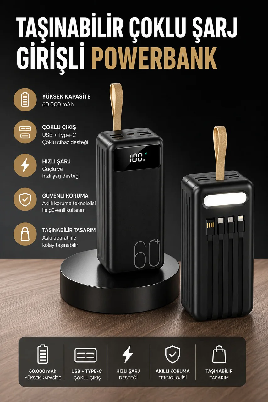 Powerbank 60.000 Mah 4 Portlu Uzun Şarj Süreli Dijital Göstergeli - Lisinya Diğer