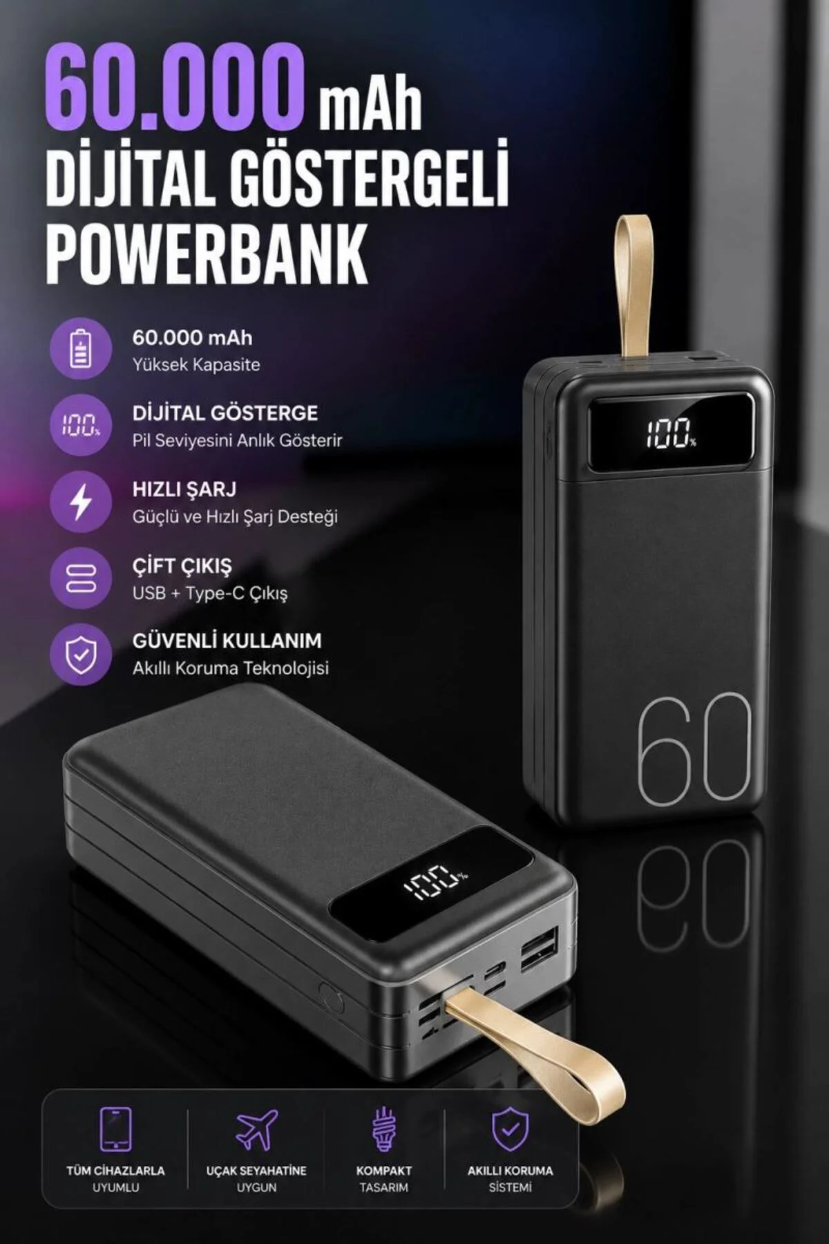 Powerbank 60.000 Mah Hızlı Şarj 4 Çıkışlı Uzun Şarj Süreli Dijita