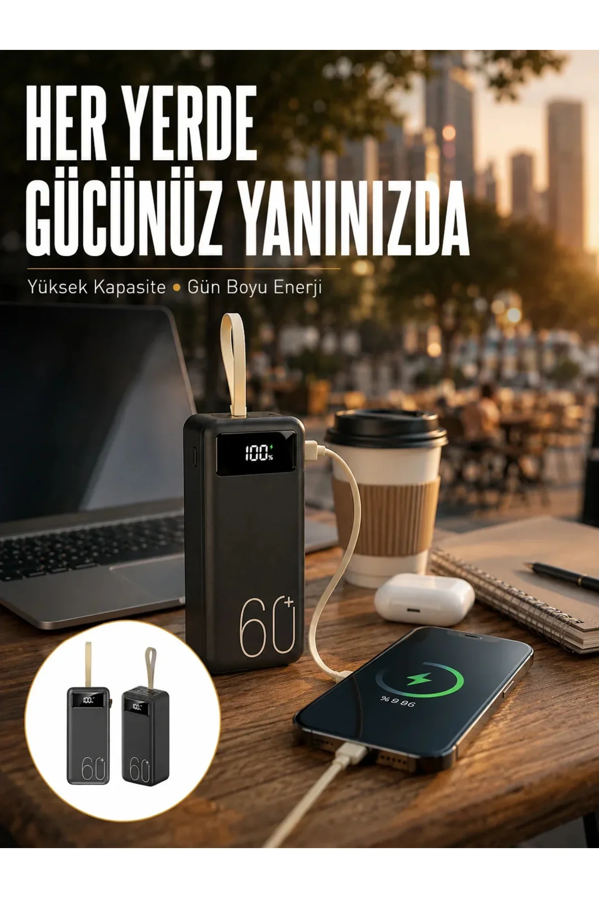 Powerbank 60.000 Mah Taşınabilir Şarj Hızlı El Fenerli Dijital Göstergeli Yeni Nesil