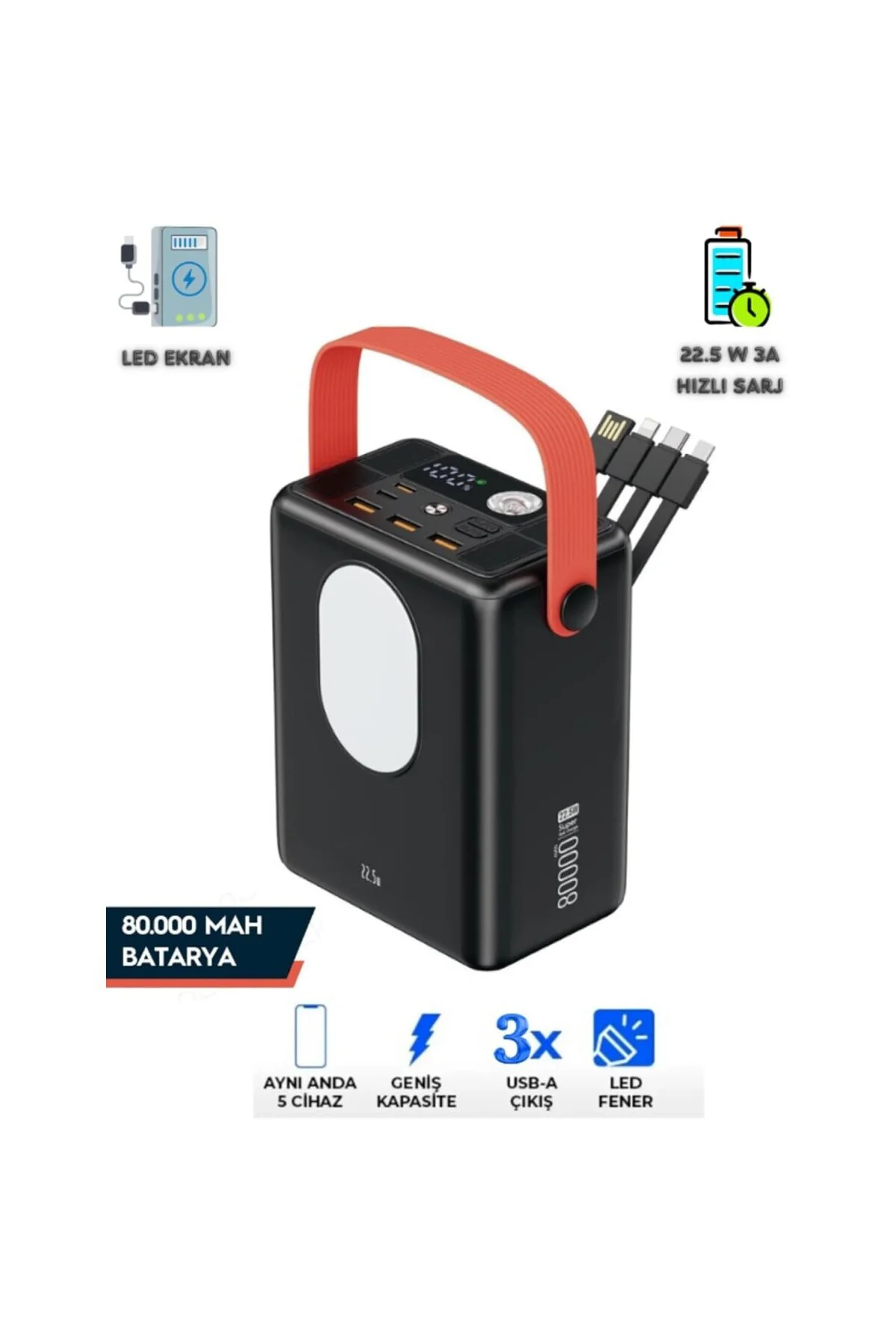 Powerbank 80.000 mAh, Hızlı Şarj Özellikli, Led Göstergeli, El Fe
