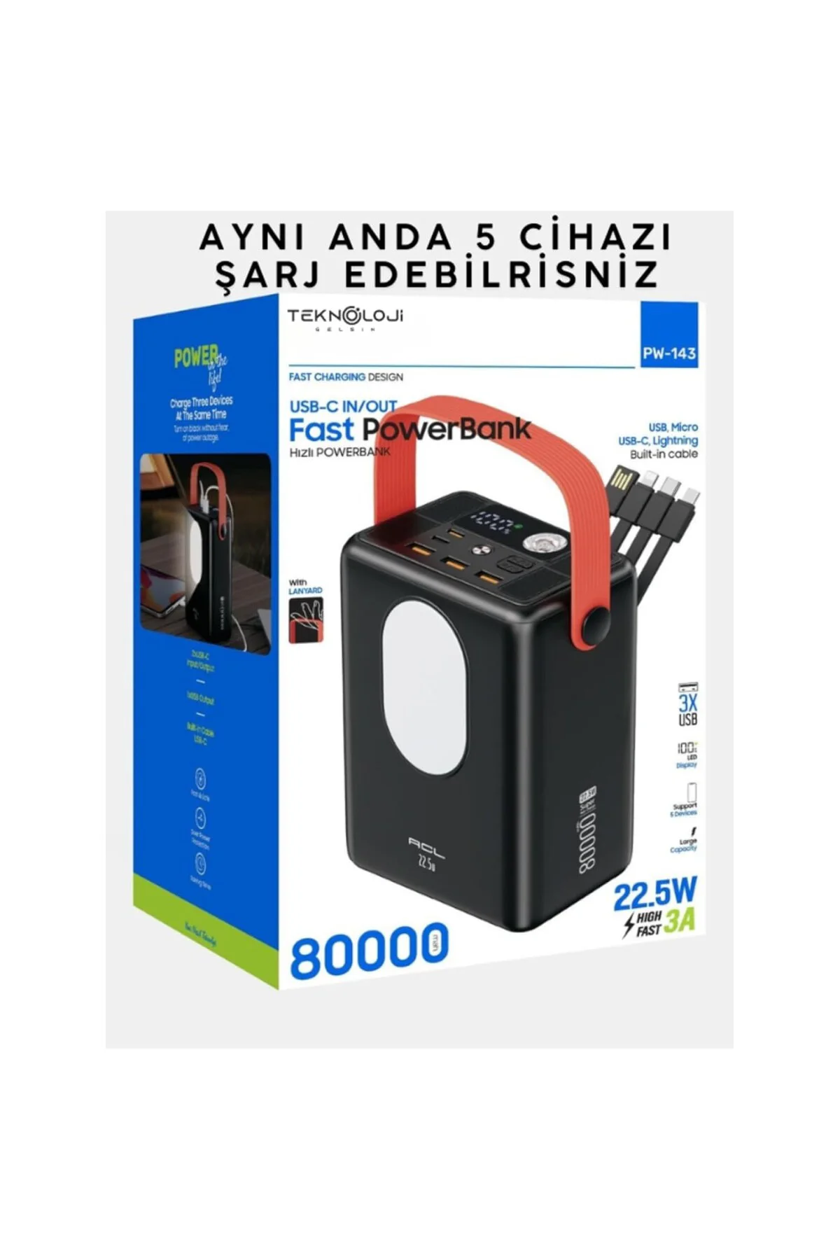 Powerbank 80.000 mAh, Hızlı Şarj Özellikli, Led Göstergeli, El Fe