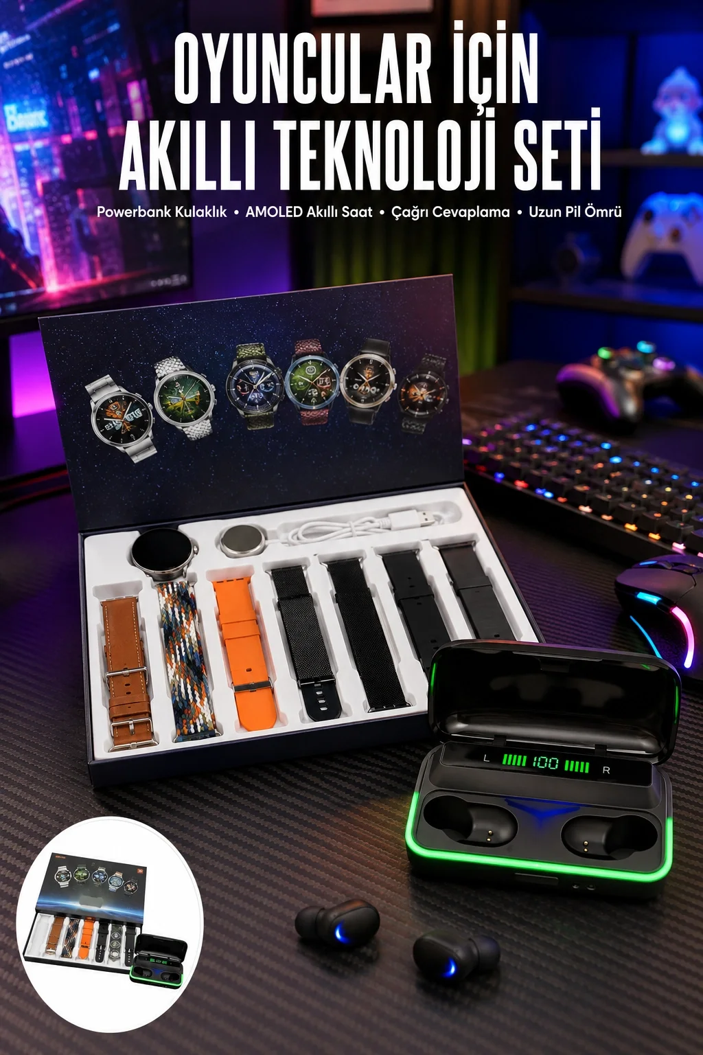 Powerbank Bluetooth Kulaklık Ve Akıllı Saat 7 Kordonlu Metal Kord