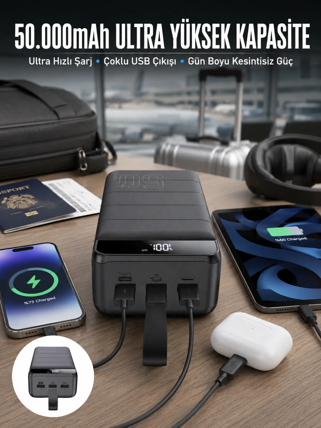 Powerbank Çoklu Şarj Girişi 50.000 Mah Taşınabilir Dijital Göstergeli (Kopya)