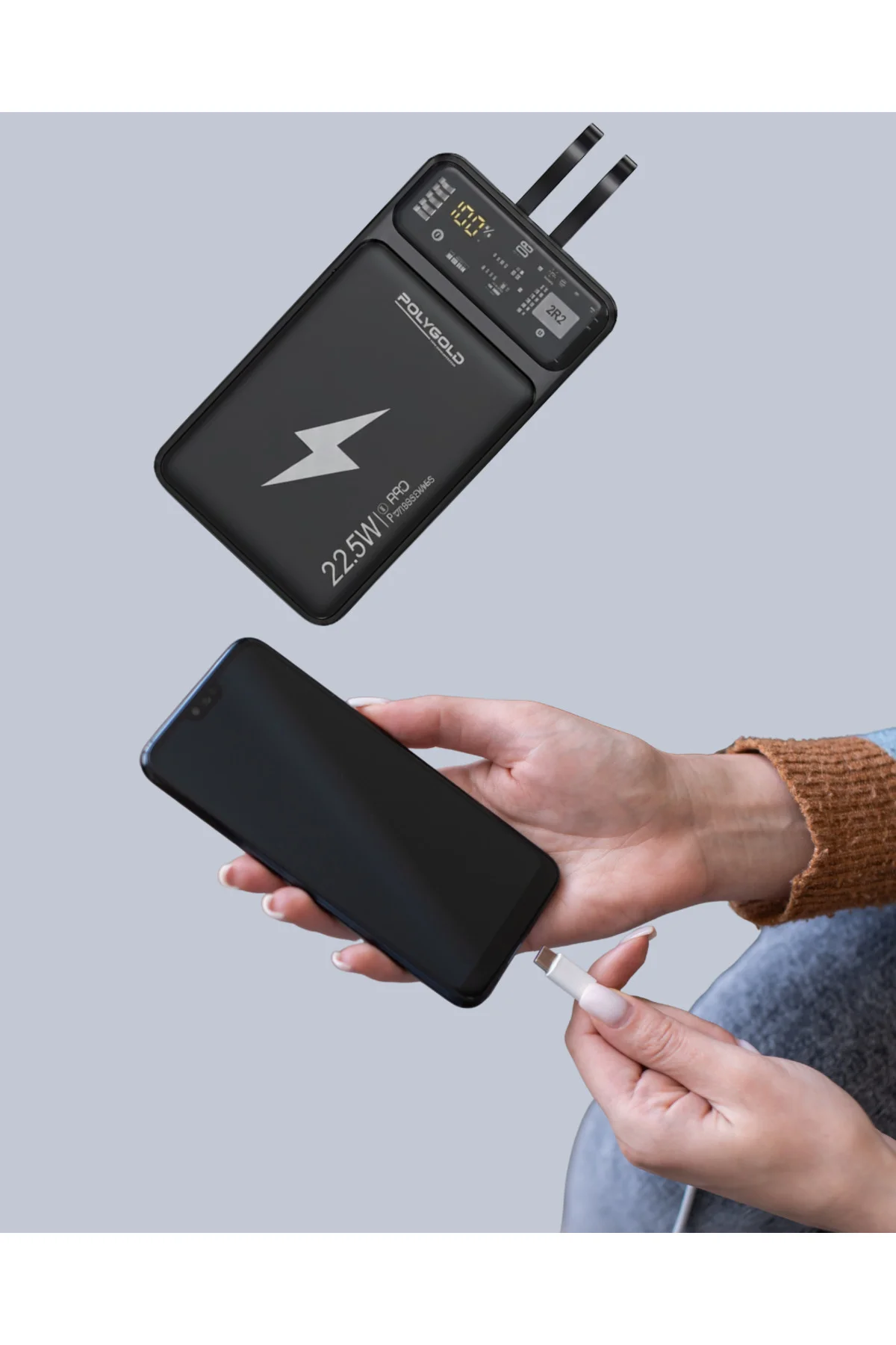 Powerbank Dahili Ekranlı 10000 mAh Çift Kablolu