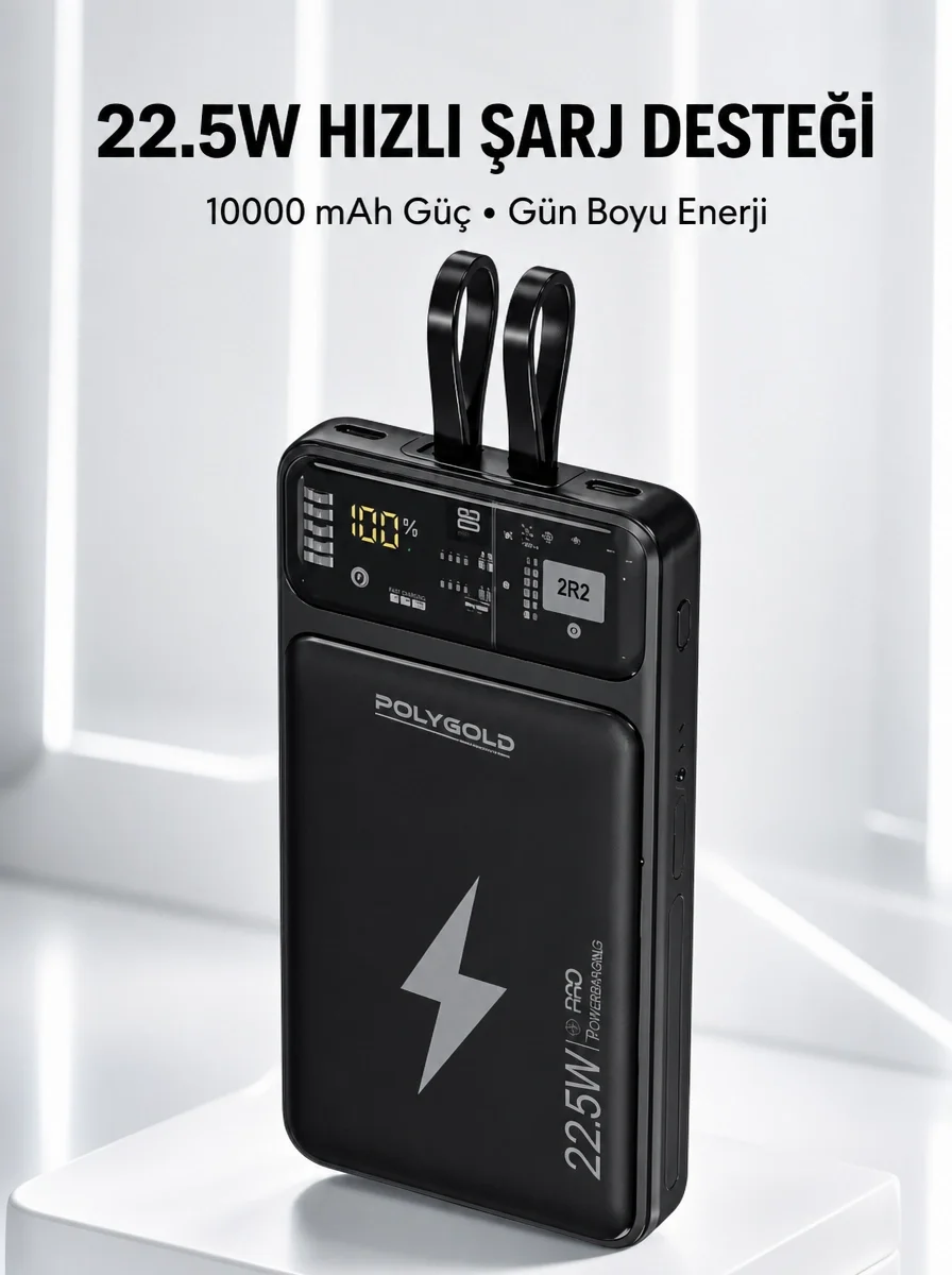 Powerbank Hızlı Şarj 10000 mAh Dahili Kablo Yeni Nesil