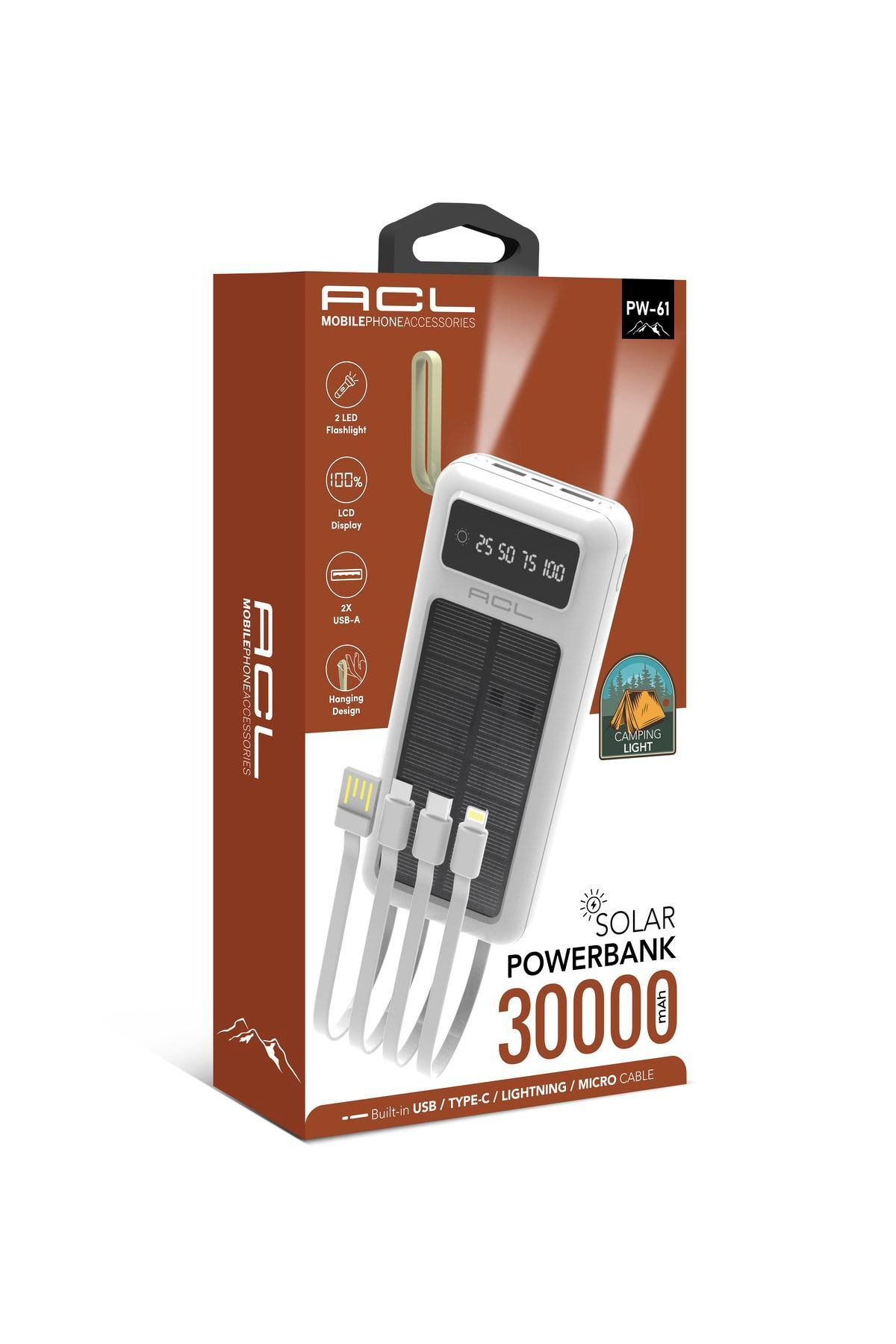 Axya Powerbank Led Fenerli Güneş Enerjili Kendinden Kablolu Göstergeli