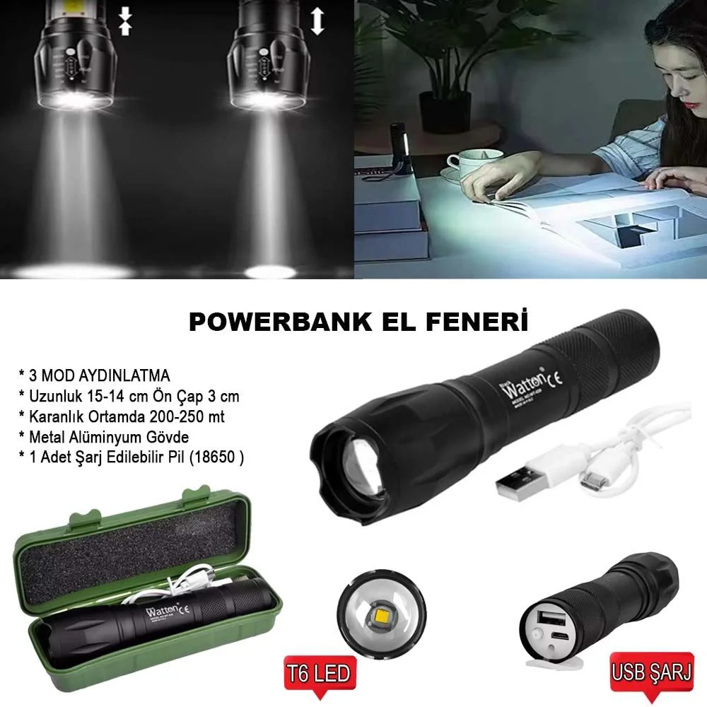 Powerbank Özellikli Uzun Menzilli El Feneri Wt-039 – 250m Menzil, 3 Mod, Metal Gövde Fiyatı, Yorumları ve Özellikleri