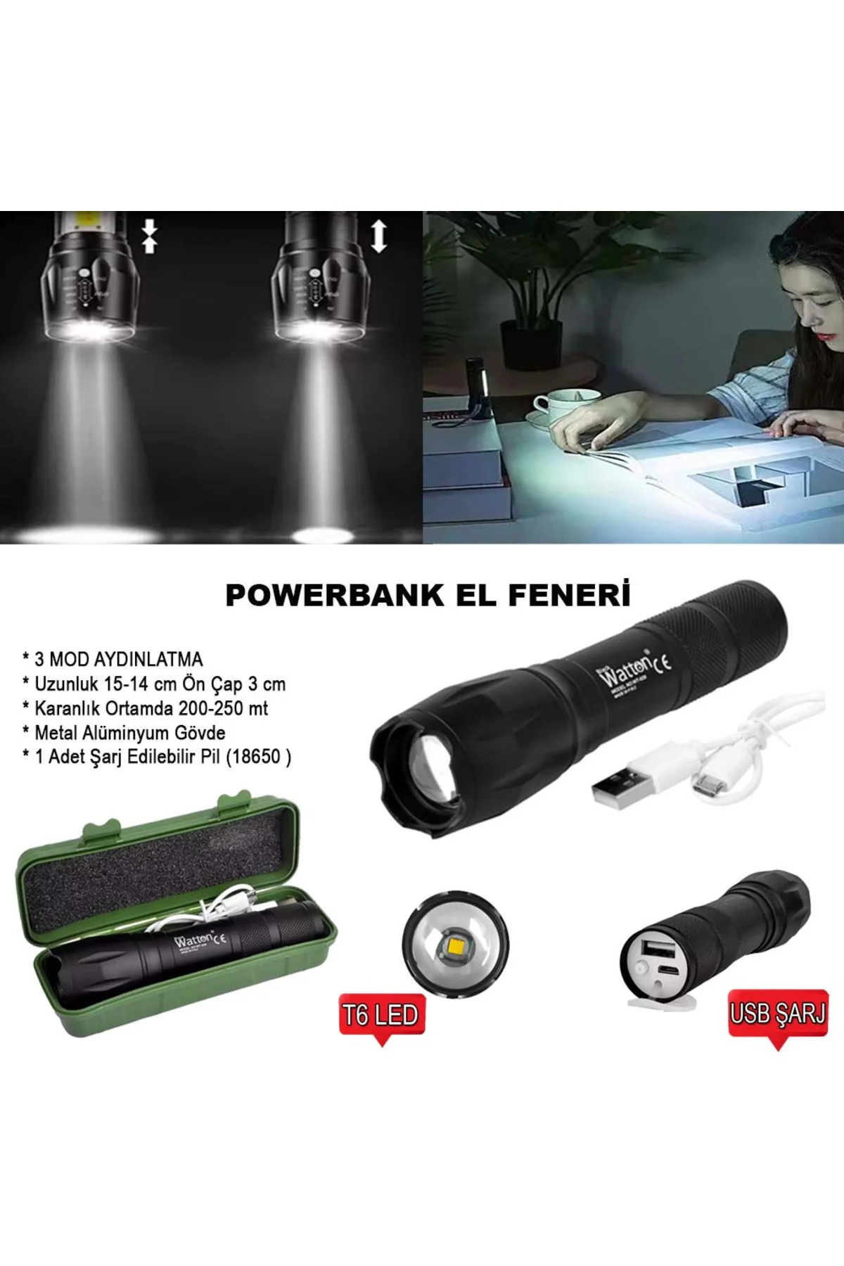 Powerbank Özellikli Uzun Menzilli EL Feneri Watton Wt-039 Siyah