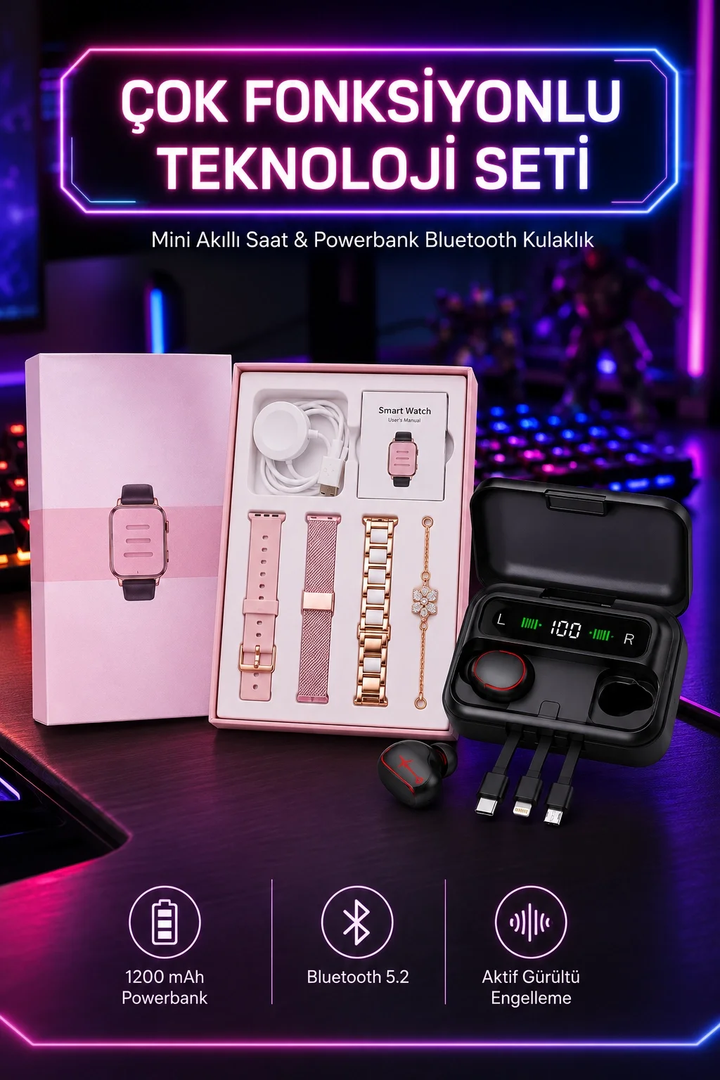 Powerbank Özellikli Bluetooth Kulaklık ve Nabız Ölçer Akıllı Saat Bileklik Hediyeli