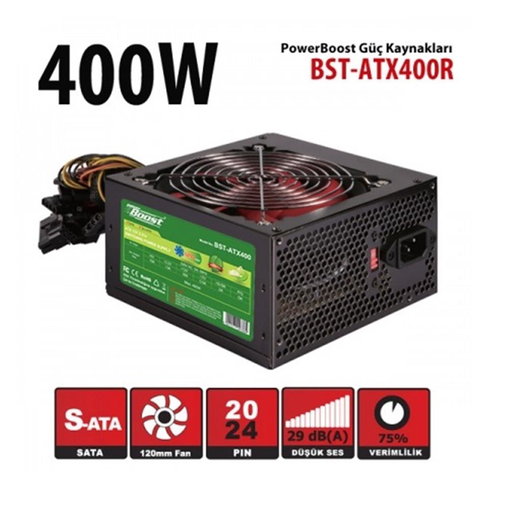 PowerBoost BST-ATX400R 400w, PPFC 12cm Siyah Fanlı ATX PSU Power